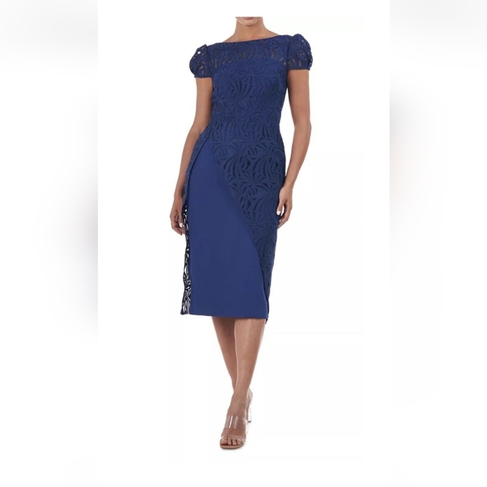 Kay Unger Zelda Lace Midi Dress Marine Blue Size 14 Puff Cap Sleeve A-Line Party